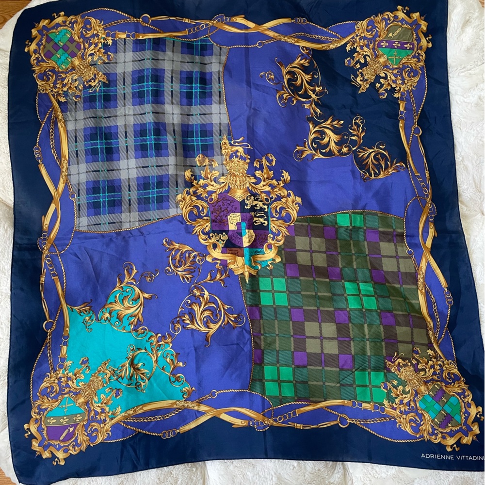 Adrienne Vittadini Vintage Large Silk Scarf Vibrant Bold Colors & Crest Pattern